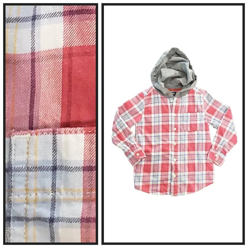 OshKosh Boys Size 7 Plaid Hooded Shirt Red Blue Button Down